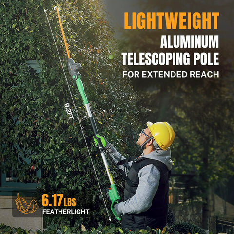 User trims tall hedge using 20V Cordless Pole Hedge Trimmer With 9.2 Foot Reach, 11-Position Rotating Head, Extension Pole, and Battery.