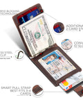 RFID Blocking Slim Bifold Leather Wallet for Men with Front Pocket Money Clip in Texas Brown open showing cash and cards