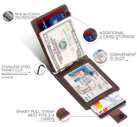 RFID Blocking Slim Bifold Leather Wallet for Men with Front Pocket Money Clip in Texas Brown open showing cash and cards