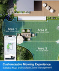 Top view of customized mowing zones on a lawn map via app, showing Goat O1000 RTK Robotic Lawn Mower No Wires No Hassle Perfectly Mapped Lawn With AI Auto Mapping App Control 3D Obstacle Avoidance Perimeter Wire Free Zero Edge Cutting For One Quarter Acre usage.