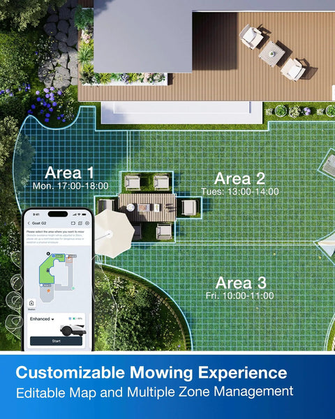 Top view of customized mowing zones on a lawn map via app, showing Goat O1000 RTK Robotic Lawn Mower No Wires No Hassle Perfectly Mapped Lawn With AI Auto Mapping App Control 3D Obstacle Avoidance Perimeter Wire Free Zero Edge Cutting For One Quarter Acre usage.