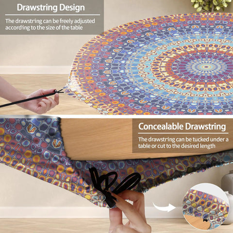 Fitted Round Tablecloth For 45 To 54 Inch Tables Boho Vinyl Indoor Outdoor Patio Cover with adjustable drawstring
