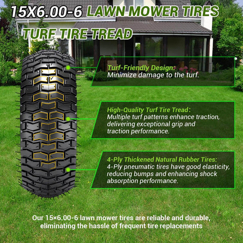 Image of 15x6.00-6 lawn mower tire with tread design, highlighting turf-friendly, high-quality, 4-ply rubber construction features.