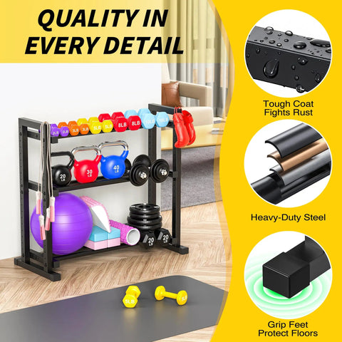Three Tier Adjustable Dumbbell Rack For Home Gym Storage Heavy Duty Weight Stand with accessories in a modern room