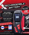 Front view of Karvinger optical power meter 4-in-1 fiber tester with display and red side grips, USB-C cable included.