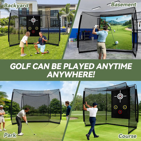 Golf Practice Hitting Net With HD Simulator Screen And Target Cloth 10x8 Ft Pro Grade Golf Driving Net in backyard, park, and course
