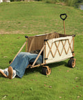 Collapsible Folding Wagon With Built In Table And All Terrain Heavy Duty Utility Cart For Camping Beach Garden And Sports Open Tailgate Design Beige Portable showing extended capacity