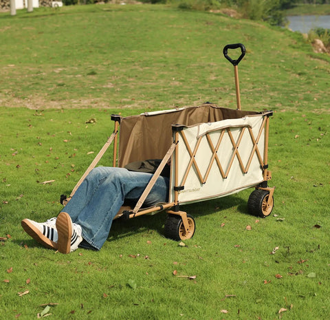 Collapsible Folding Wagon With Built In Table And All Terrain Heavy Duty Utility Cart For Camping Beach Garden And Sports Open Tailgate Design Beige Portable showing extended capacity