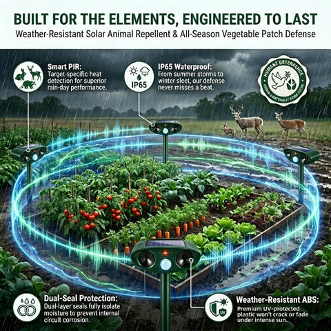 2 Pack Ultrasonic Deer Repellent With Motion Sensor For Garden And Yard, motion-activated deterrent around vegetable beds in rain