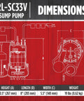 Diagram of Heavy Duty One Third HP Cast Iron Submersible Sump Pump dimensions and weight, 10.5x8x5.5 inches, 19 lbs