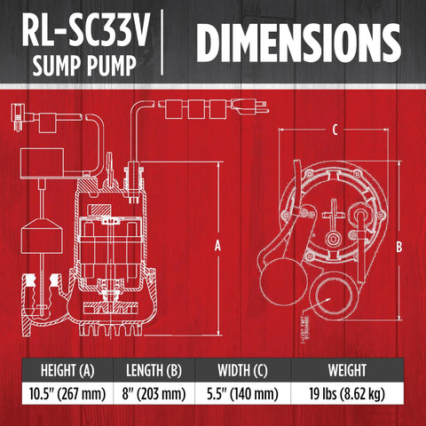 Diagram of Heavy Duty One Third HP Cast Iron Submersible Sump Pump dimensions and weight, 10.5x8x5.5 inches, 19 lbs