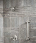 Bathroom with gray tiles featuring Align Brushed Nickel Shower Trim Kit With Temperature Control Lever For Tub And Shower, Sleek Modern Look