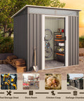 Durable 6x4 Outdoor Metal Storage Shed With Sliding Lockable Doors Bright Clear Panel Windows Built To Last And A Super Handy Tool And Bike Shed For Backyard Or Patio Weatherproof Dark Gray with tools and bike inside