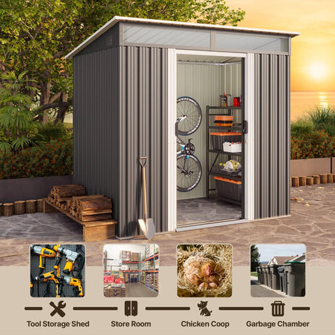 Durable 6x4 Outdoor Metal Storage Shed With Sliding Lockable Doors Bright Clear Panel Windows Built To Last And A Super Handy Tool And Bike Shed For Backyard Or Patio Weatherproof Dark Gray with tools and bike inside