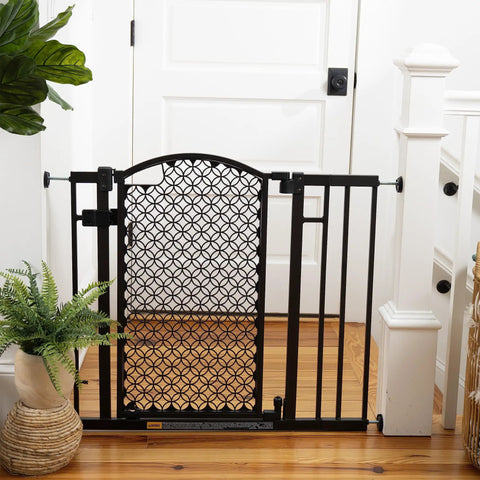 No-Drill Expandable Baby And Dog Gate 28 To 42 Inch Wide, 30 Inch Tall, hardware mounted in doorway, espresso color