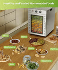 Top Shelf Food Dehydrator Machine With Twelve Stainless Steel Trays And Digital Timer for drying jerky, herbs, fruits, nuts, and vegetables.