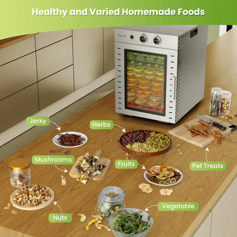 Top Shelf Food Dehydrator Machine With Twelve Stainless Steel Trays And Digital Timer for drying jerky, herbs, fruits, nuts, and vegetables.