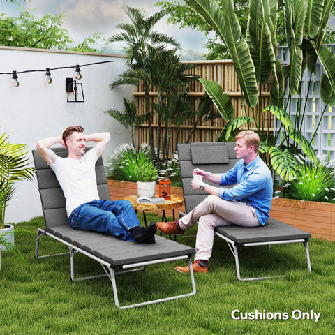 Two lounge chairs with Go-To Outdoor Lounge Chair Cushions Set Of 2, 80 By 26 Inches, UPF50 Plus Fade Resistant Olefin Fabric in garden.