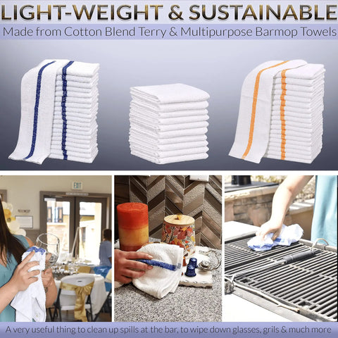 Soft Cotton Blend White Bar Mops For Restaurants And Kitchens 36 Pack With Blue Stripe 84 Percent Cotton 16 Percent Polyester