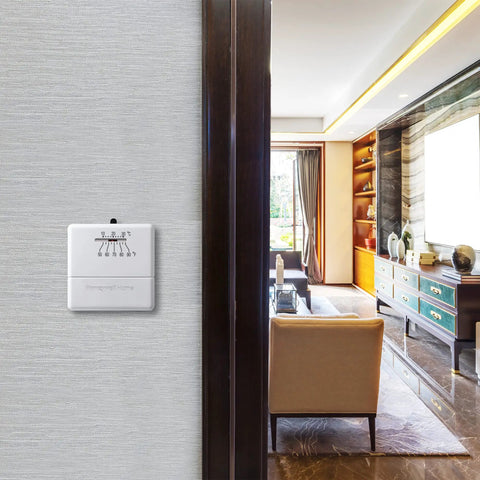 Economy Millivolt Non Programmable Thermostat White on wall in living room with Simple Temperature Control Bimetal Sensor