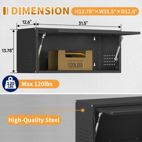 Metal Garage Wall Cabinet With Up Flip Door, Wall Mounted Steel Storage Cabinet With Pegboard, shown with dimensions 13.78" H x 31.5" W x 12.6" D