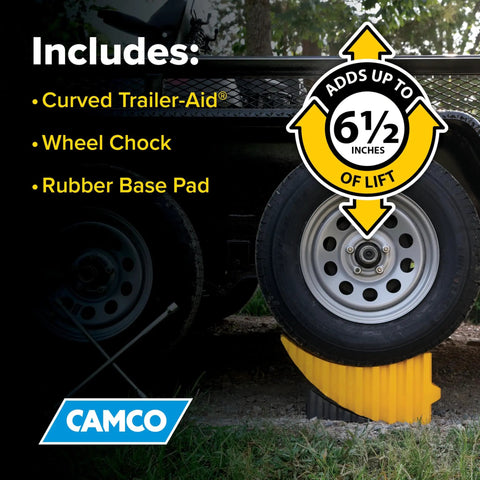 Curved Trailer Aid With Wheel Chock And Rubber Base Pad, Six And A Half Inch Lift, fits trailers up to twenty thousand pounds