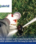 HeadChecker Sprinkler Head Tester With 160 PSI Gauge Dial Indicator And Female Nozzle Adapter in use on lawn