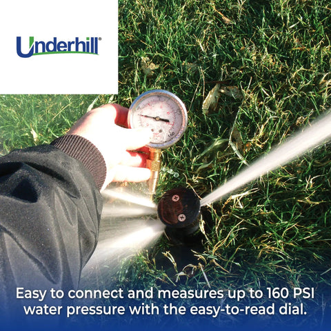 HeadChecker Sprinkler Head Tester With 160 PSI Gauge Dial Indicator And Female Nozzle Adapter in use on lawn