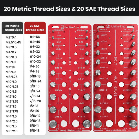 JoblikeBrez thread checker gauge, front view: red dual-panel bolt gauge with SAE/metric sizes and mounting holes.