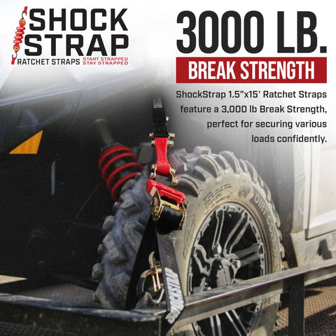 Shock Absorbing Ratchet Straps For Cargo 15 Ft By 1.5 In Beefy Heavy Duty Tie Downs securing ATV tire on trailer