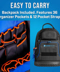 Ultimate Fiber Prep Backpack Kit With 27 Essential Fiber Optic Tools backpack showcasing organizer pockets and rugged design