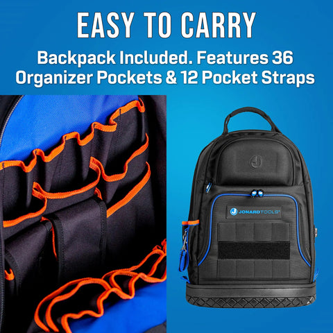 Ultimate Fiber Prep Backpack Kit With 27 Essential Fiber Optic Tools backpack showcasing organizer pockets and rugged design