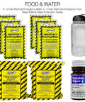 Ready America emergency kit components: MayDay water pouches, emergency food rations, water bottle, purification tablets