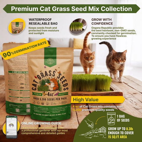 Cat Grass Seed Mix For Indoor Cats And Pets With 5200 Non GMO Heirloom Seeds In A 4 Oz Pack To Grow Fresh Barley Oats Rye And Wheat Grass For Hairball Relief No Fuss Indoor Planting