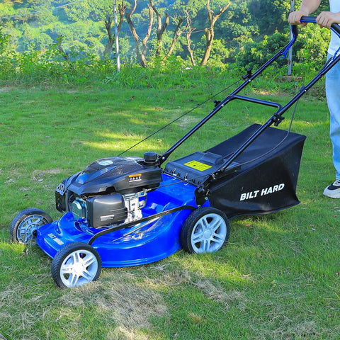 Gas Powered 21 Inch Lawn Mower With 201cc 4 Cycle Engine 3 In 1 Mowing With Bagging Mulching And Side Discharge Easy Start And Adjustable Eight Position Cutting Height For Lawn Yard And Garden Workhorse, blue steel deck with bag