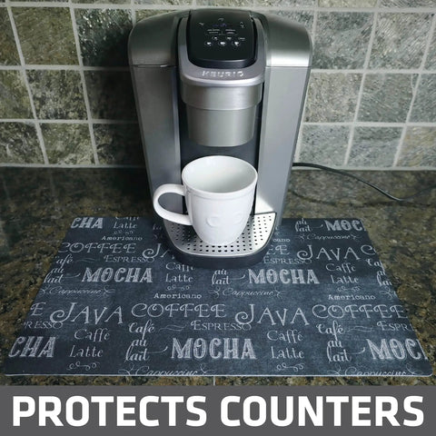 Coffee Bar Mat For Espresso Station Protects Countertops From Spills And Scratches With Absorbent Waterproof Washable Construction Sized 12 By 20 Inches USA Made Java Chalkboard Design under a coffee maker.