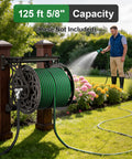 Heavy Duty Hose Reel Wall Mount With Shelf For Outdoor Storage That Keeps Your Yard Neat, Holds Up To One Hundred Twenty Five Feet Of Five Eighths Of An Inch Hose, No Leak Aluminum Water System, Easy Assembly, Dark Bronze Finish, installed on wooden post, man watering garden.