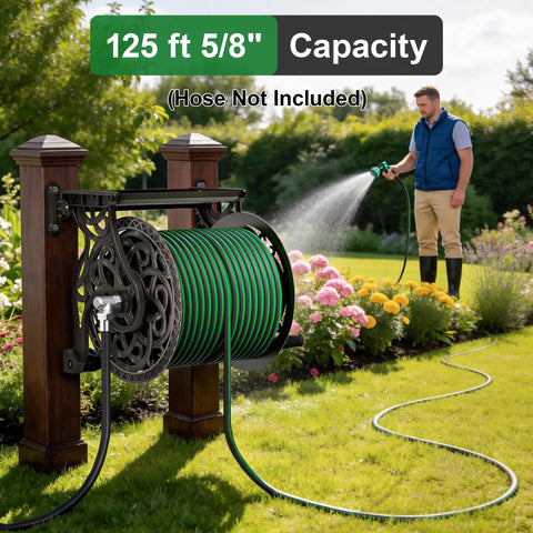 Heavy Duty Hose Reel Wall Mount With Shelf For Outdoor Storage That Keeps Your Yard Neat, Holds Up To One Hundred Twenty Five Feet Of Five Eighths Of An Inch Hose, No Leak Aluminum Water System, Easy Assembly, Dark Bronze Finish, installed on wooden post, man watering garden.