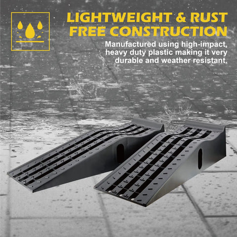 Heavy Duty Car Ramps Kick Up Your Ride Smooth Six Point Two Five Inch Rise Deep Grooved Tread Grips Tires Tight Six Thousand Five Hundred Pounds Rated Rock Solid Rubber Stops Shop Essential Pair