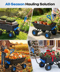 900 Pound Capacity Garden Dump Cart With 10 Inch Non Slip Pneumatic Tires Built Tough Heavy Duty 4 Wheel Wheelbarrow Cart Quick Release System Steel Frame Wagon For Yard Farm Garden Hauling, shown hauling pavers, plants, pumpkins, and gifts in different settings.