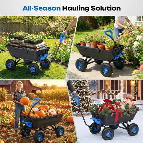 900 Pound Capacity Garden Dump Cart With 10 Inch Non Slip Pneumatic Tires Built Tough Heavy Duty 4 Wheel Wheelbarrow Cart Quick Release System Steel Frame Wagon For Yard Farm Garden Hauling, shown hauling pavers, plants, pumpkins, and gifts in different settings.