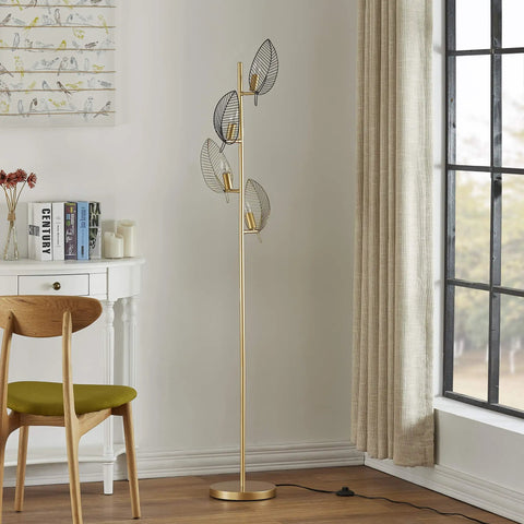 Industrial Gold Floor Lamp With 4 Black Leaf Shades, Modern Tree Style Standing Lamp For Living Room And Bedrooms, Lit Reading Light