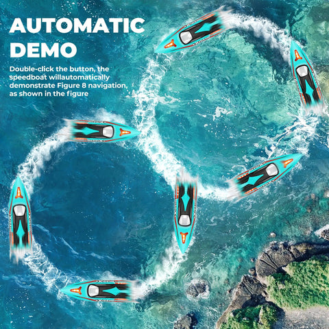 Aerial view of 18 Inch Brushless RC Boat For Lakes And Pools Big Fast Remote Control Speed Boat Up To 55 KMH With 2500mAh Battery Waterproof Design Kid And Adult Friendly HJ816 Green performing figure-eight on water.
