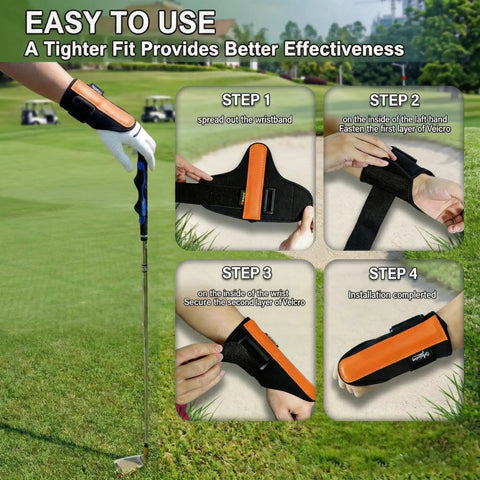 Golf Wrist Brace And Swing Trainer For Ambidextrous Use, Medical-Grade Splint Supports Post-Injury Recovery shown in use and steps