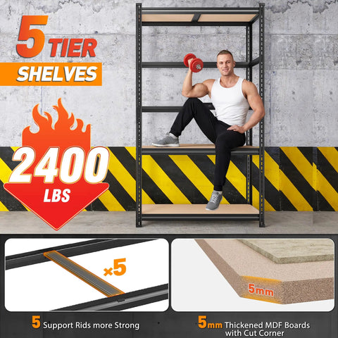 Heavy Duty Garage Shelving 5 Tier Metal Storage Unit 2400 Lbs Capacity Adjustable Shelves 72x36x16 Inch shown with person and weights