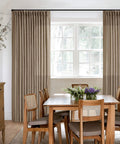 Farmhouse Tan Brown Linen Curtains 102 Inches Long 2 Panels With Pinch Pleat in dining room, installed on track system.