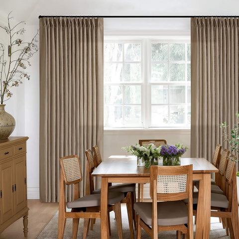 Farmhouse Tan Brown Linen Curtains 102 Inches Long 2 Panels With Pinch Pleat in dining room, installed on track system.