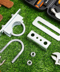 Built Like A Tank Adjustable Galvanized Gate Latch Stopper For Chain Link Fences And Pool Enclosures Secure Your Yard With Zero Hassle Heavy Duty Metal Protector parts on grass.