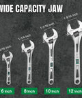 Four adjustable wrenches with varying sizes up to 10 Inch Adjustable Wrench With 1-7/16 Inch Jaw Opening Chrome Vanadium Steel