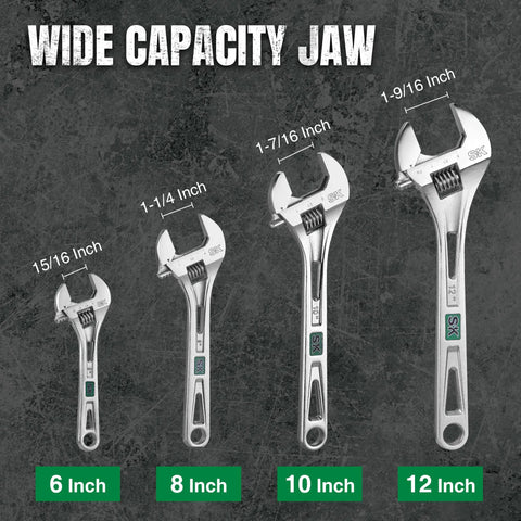 Four adjustable wrenches with varying sizes up to 10 Inch Adjustable Wrench With 1-7/16 Inch Jaw Opening Chrome Vanadium Steel